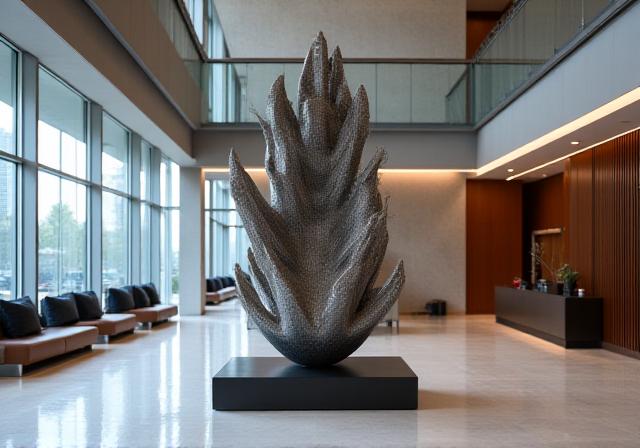 An abstract, geometric metal sculpture in a corporate lobby.