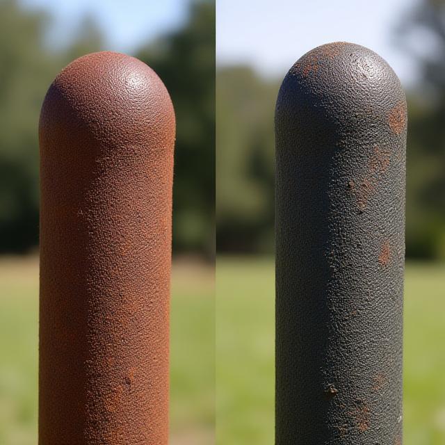 A side-by-side comparison of a rusted historical fence post before and after restoration.